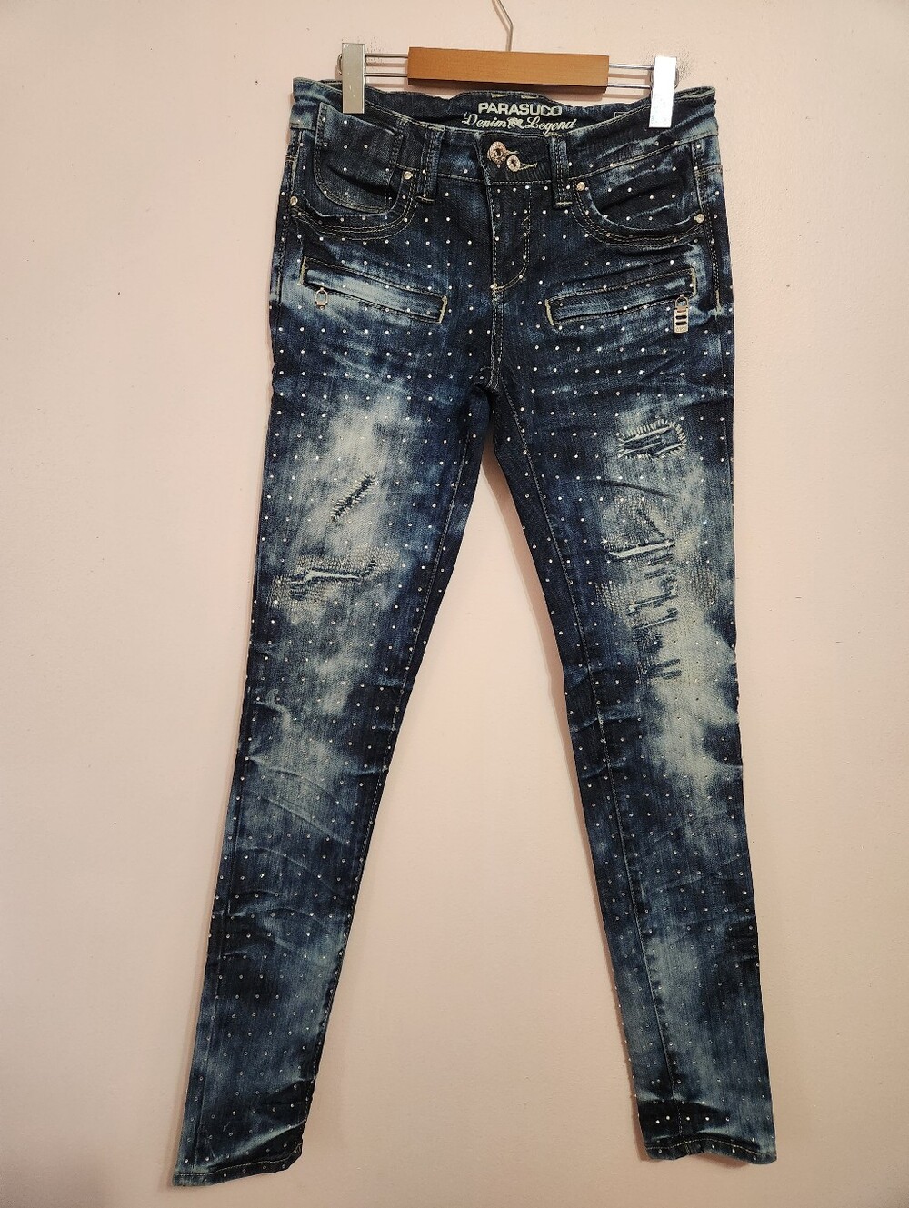 Parasuco Kiera Rhinestone Acid Wash Distressed Y2K McBling Denim Jeans 29